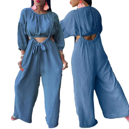 Loose Women Sets Solid Hollow out Overalls 2  piece Pants Set Casual Navel Wide Leg Pants Fall 2022  Women Clothes