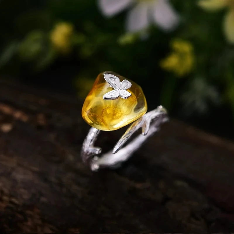 lotus fun Natural Silver Looking Back Butterfly amber ring fine jewelry for women