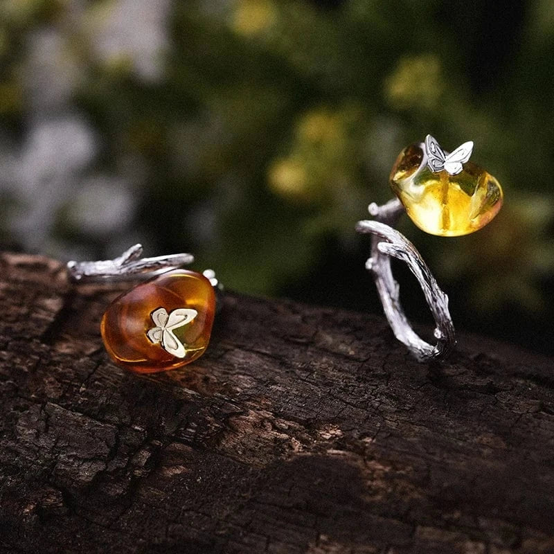 lotus fun Natural Silver Looking Back Butterfly amber ring fine jewelry for women