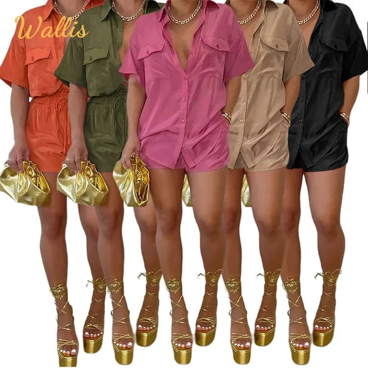 Lounge Wear Ladies Outfit Sexy Solid Suits Half Sleeve Shirt Tops Loose Two Piece Tracksuit Drawstring Track Biker Shorts Sets