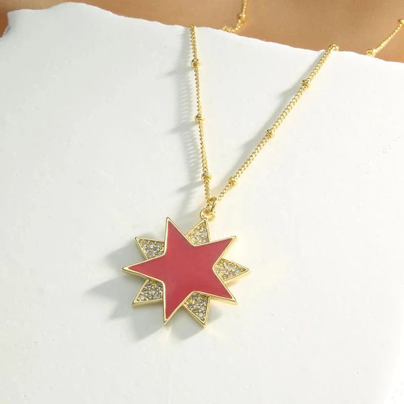 love / 45CM / 5 Fashionable Brass Star Moon Pendant Necklaces Elegant Cubic Zirconia Round Party Jewelry For Women Star of David Enamel Chain