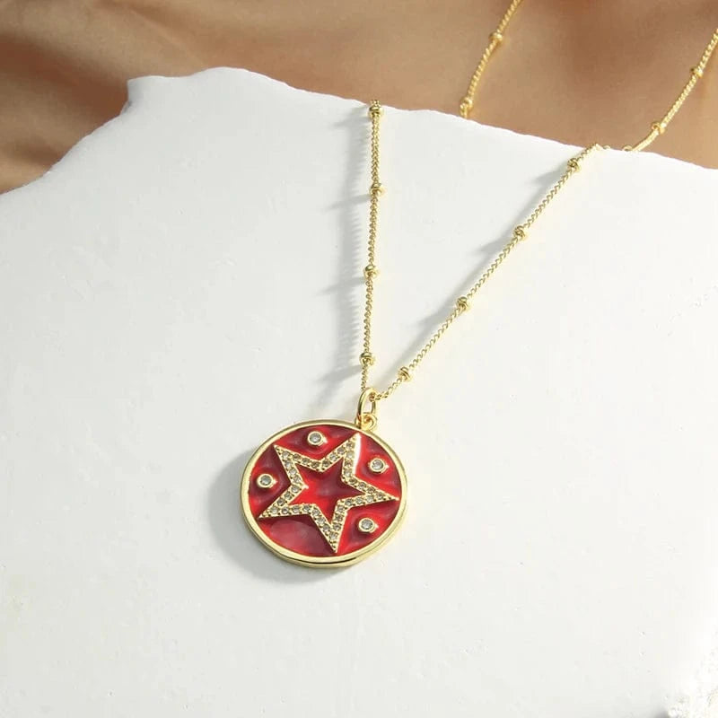 love / 45CM / 6 Fashionable Brass Star Moon Pendant Necklaces Elegant Cubic Zirconia Round Party Jewelry For Women Star of David Enamel Chain