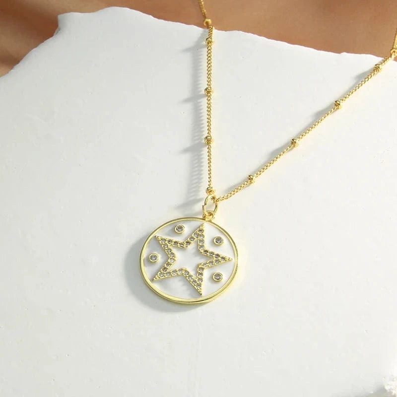 love / 45CM / 8 Fashionable Brass Star Moon Pendant Necklaces Elegant Cubic Zirconia Round Party Jewelry For Women Star of David Enamel Chain