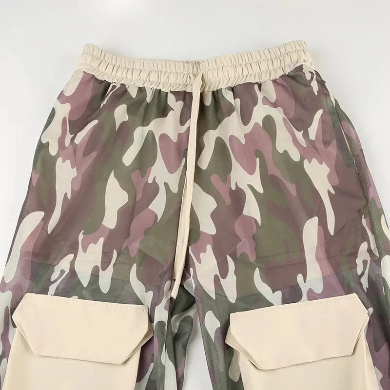 LR05212 2024 New Arrival Fall Camouflage Print Mesh Pants Two Layer Straight Pants Trendy Big Pocket Cargo Pants For Women