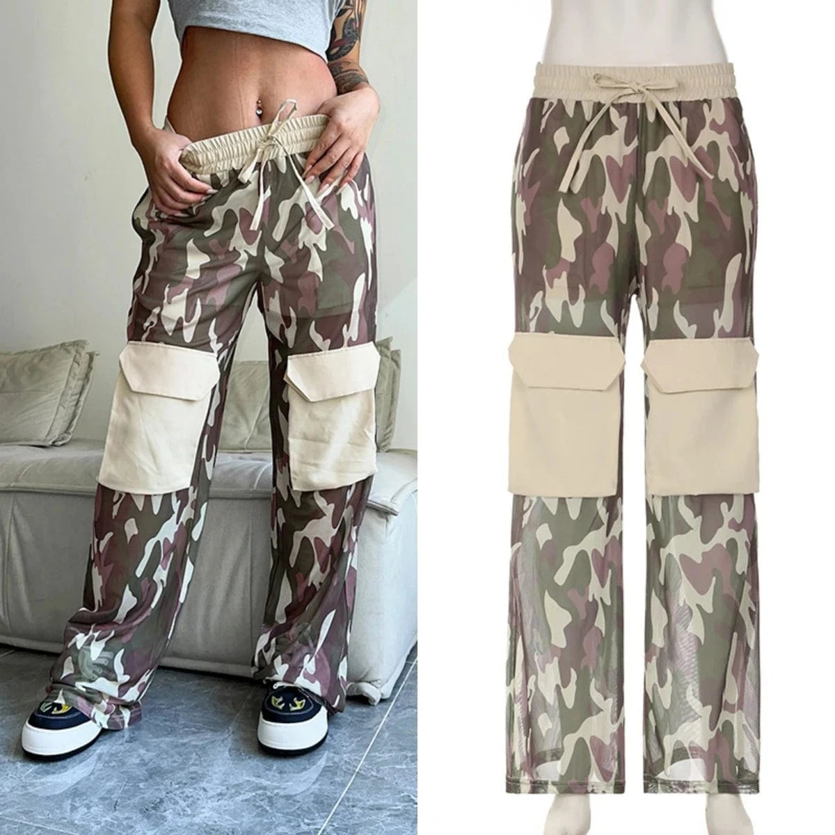 LR05212 2024 New Arrival Fall Camouflage Print Mesh Pants Two Layer Straight Pants Trendy Big Pocket Cargo Pants For Women