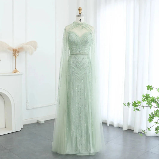 Lscz167 Arabic One Shoulder Olive Green Muslim Evening Dress With Cape Long Sleeves Dubai Women Wedding Party Gowns Elegant Plus