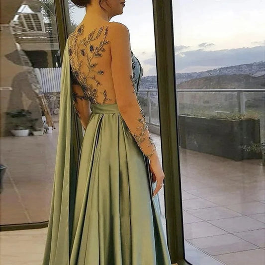 Lscz167 Arabic One Shoulder Olive Green Muslim Evening Dress With Cape Long Sleeves Dubai Women Wedding Party Gowns Elegant Plus