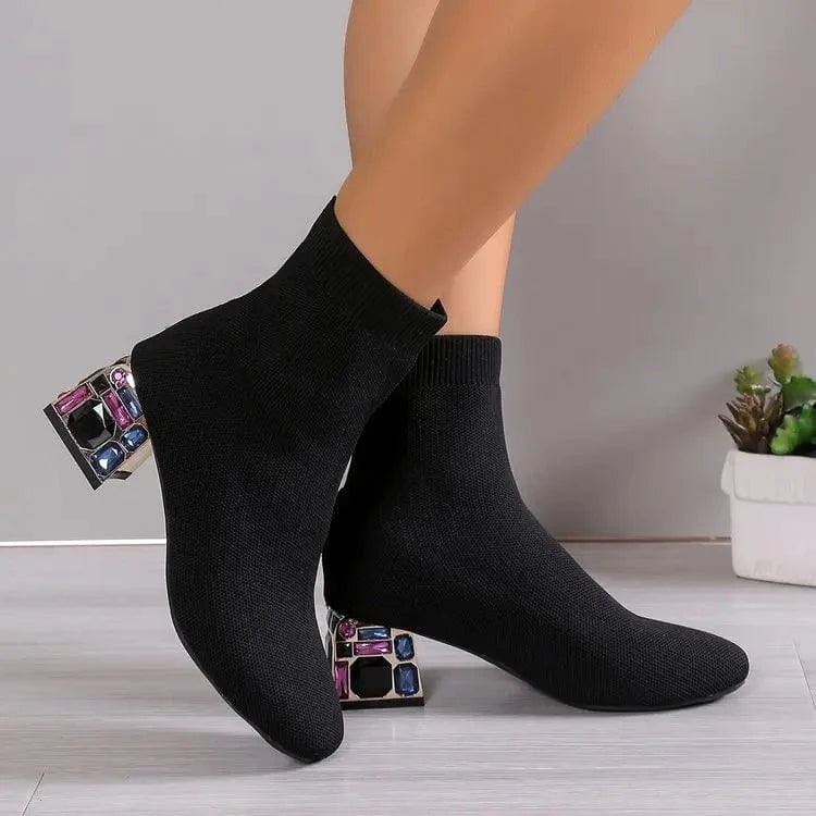 Lug Sole Slip On Chunky Block Heel Knitting Hot pink Black Ankle Classic Boots Women's Platform Chelsea Boots
