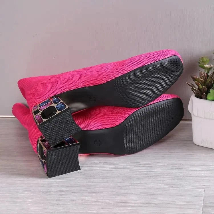 Lug Sole Slip On Chunky Block Heel Knitting Hot pink Black Ankle Classic Boots Women's Platform Chelsea Boots