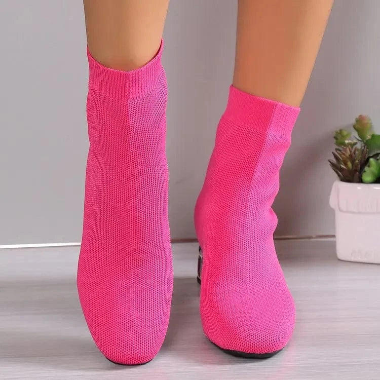Lug Sole Slip On Chunky Block Heel Knitting Hot pink Black Ankle Classic Boots Women's Platform Chelsea Boots