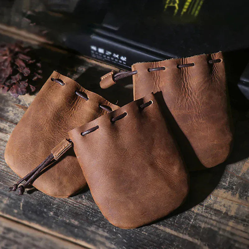 LUOKIR Men's Genuine Leather Coin Purse Simple Vintage Small Card Bag Women's Cowhide Wallet Keys Money Drawstring Storage Bags