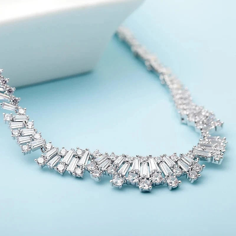 LUOTEEMI New Cubic Zirconia Wedding Bridal Silver CZ Rhinestone Girls Necklace Earring Jewelry Sets