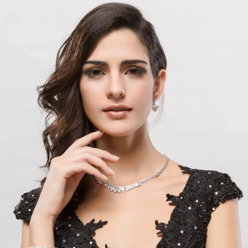 LUOTEEMI New Cubic Zirconia Wedding Bridal Silver CZ Rhinestone Girls Necklace Earring Jewelry Sets