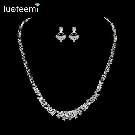 LUOTEEMI New Cubic Zirconia Wedding Bridal Silver CZ Rhinestone Girls Necklace Earring Jewelry Sets