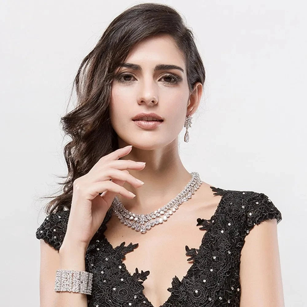 LUOTEEMI New Luxury Princess Clear Sparkling Crystal CZ Diamond Statement Necklace For Women Wedding Jewelry Set