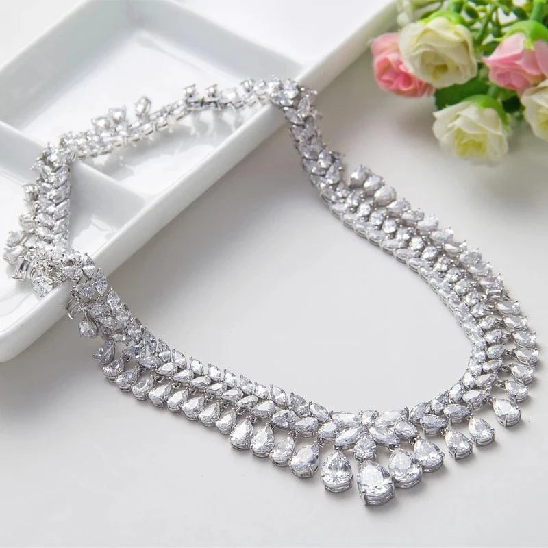 LUOTEEMI New Luxury Princess Clear Sparkling Crystal CZ Diamond Statement Necklace For Women Wedding Jewelry Set