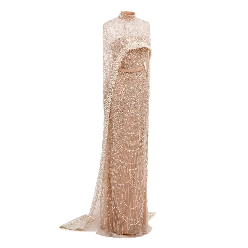 Luxurious Beaded Formal Dresses Strapless Mermaid Evening Elegant Dress With Long Cape