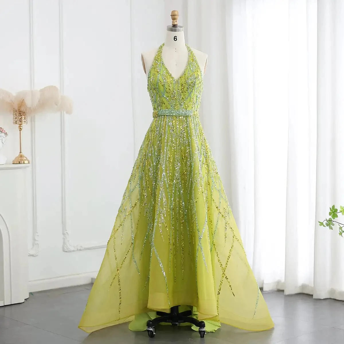 Luxurious Beaded Lemon Green Arabic Evening Dresses With Halter High Low Dubai Women Wedding Party Gowns Lsz472