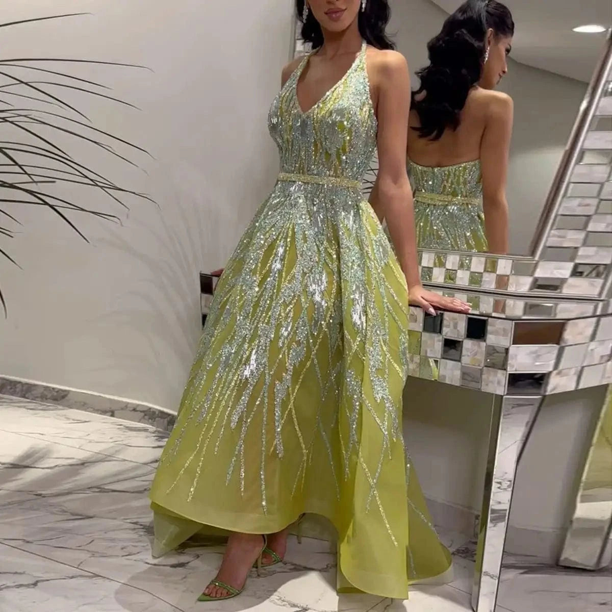 Luxurious Beaded Lemon Green Arabic Evening Dresses With Halter High Low Dubai Women Wedding Party Gowns Lsz472