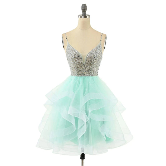 Luxurious Beaded Sequin Bodice Short Tulle Prom Party Dress Girl Sexy Homecoming Dresses
