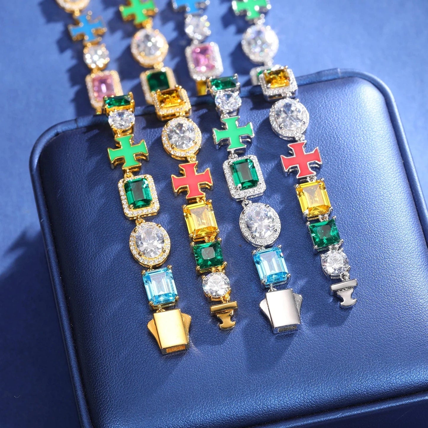 Luxurious Fine Party Jewelry 925 Sterling Silver AAAAA CZ Diamond Enamel Plated Cross Mixed Gemstone Link Chain Tennis Necklace