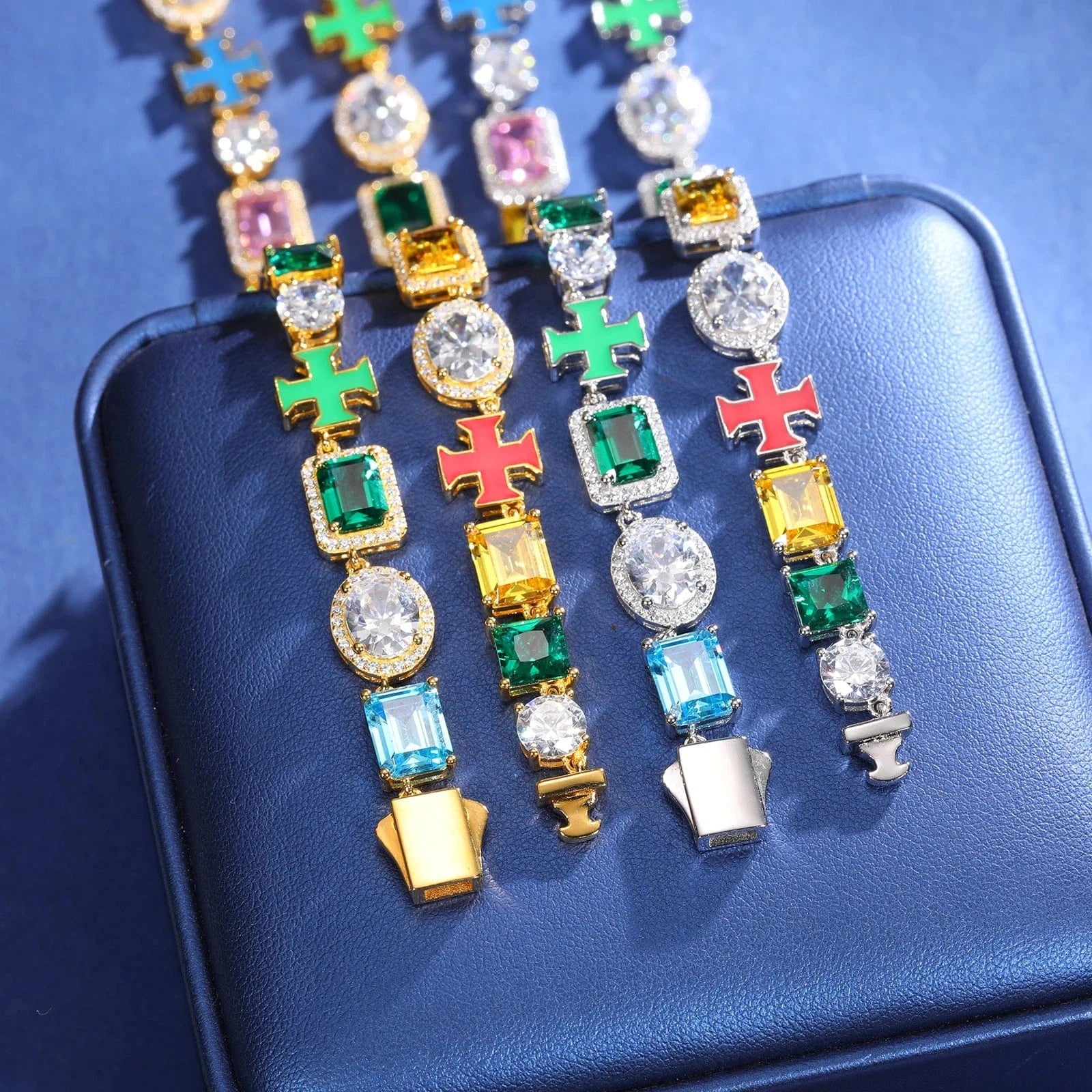Luxurious Fine Party Jewelry 925 Sterling Silver AAAAA CZ Diamond Enamel Plated Cross Mixed Gemstone Link Chain Tennis Necklace