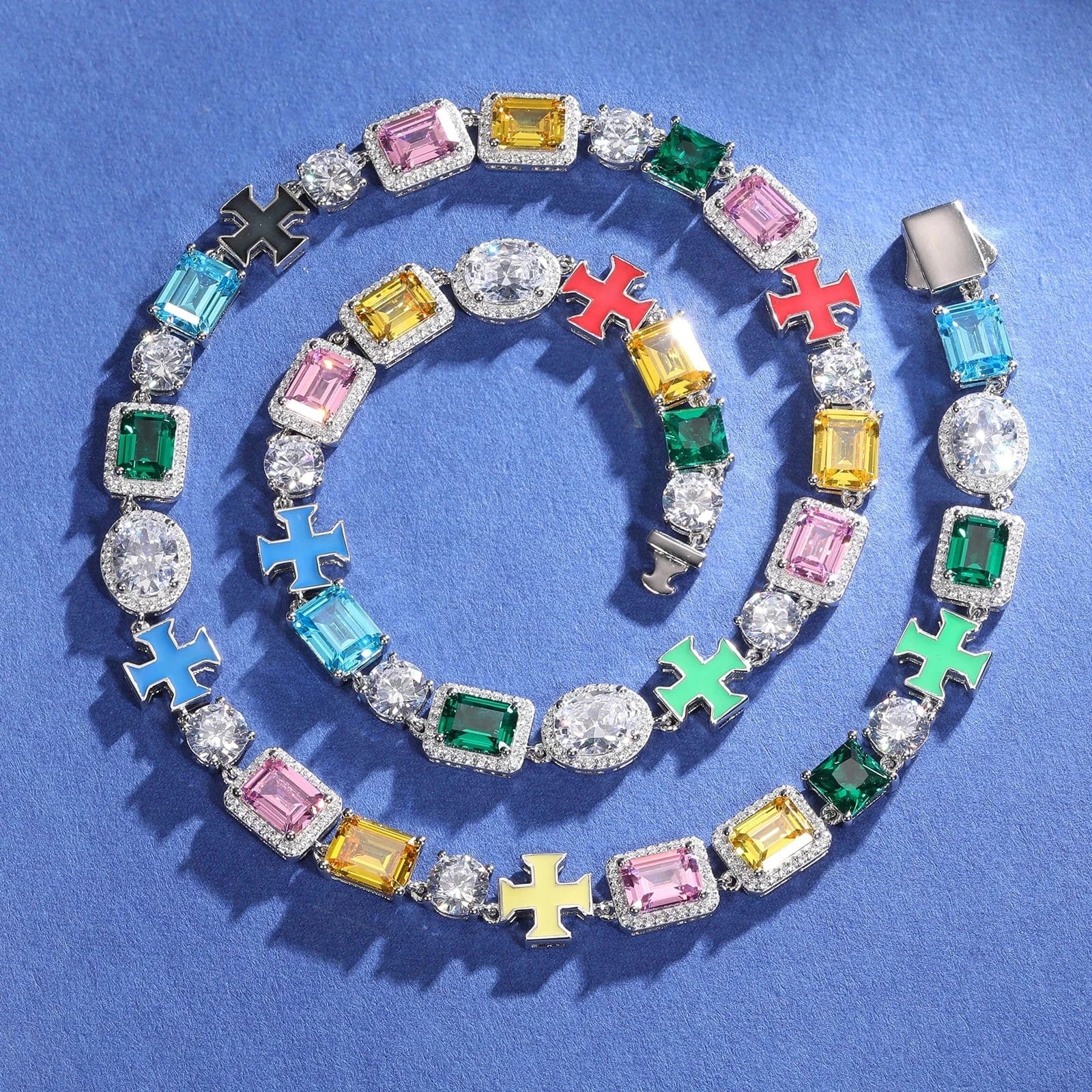 Luxurious Fine Party Jewelry 925 Sterling Silver AAAAA CZ Diamond Enamel Plated Cross Mixed Gemstone Link Chain Tennis Necklace