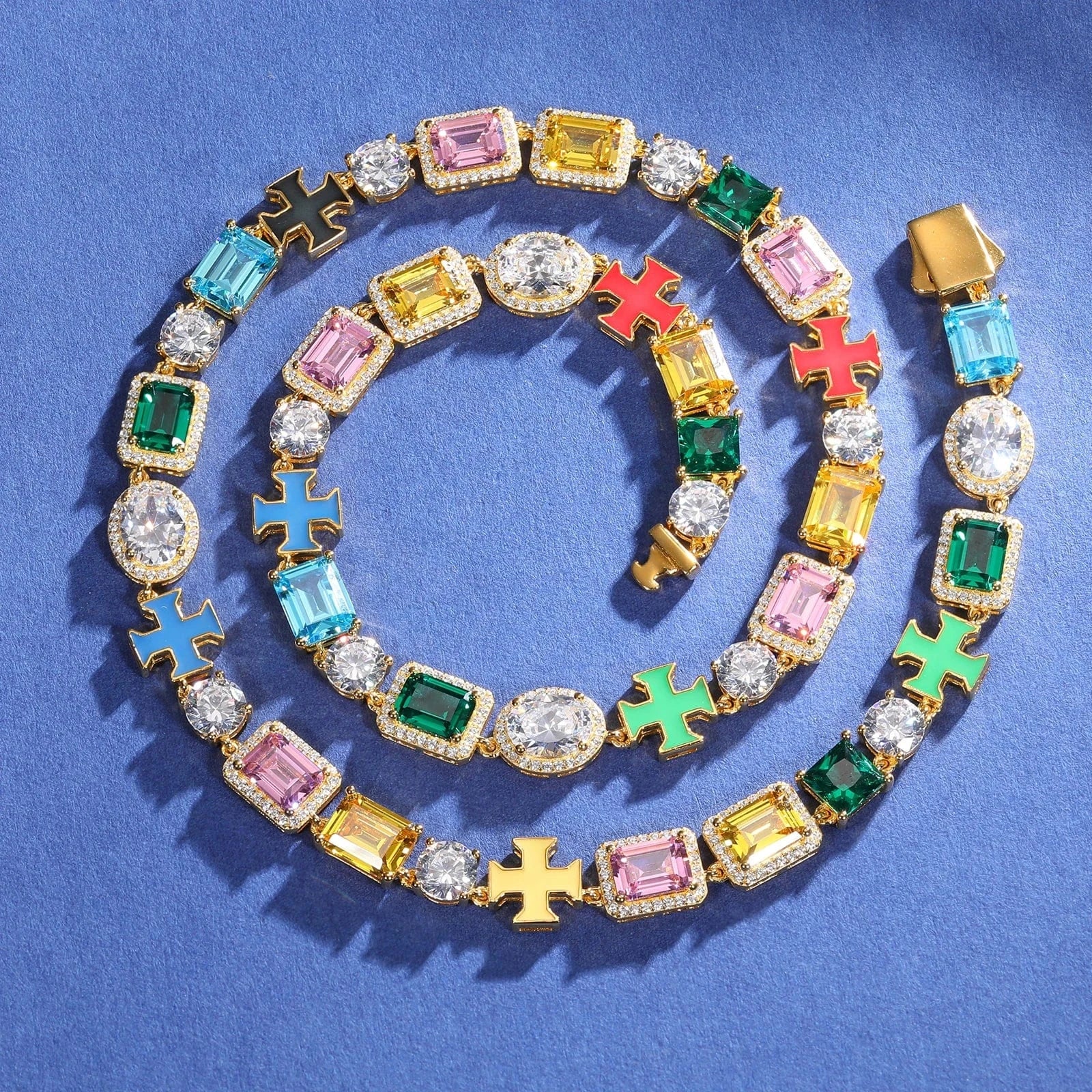 Luxurious Fine Party Jewelry 925 Sterling Silver AAAAA CZ Diamond Enamel Plated Cross Mixed Gemstone Link Chain Tennis Necklace