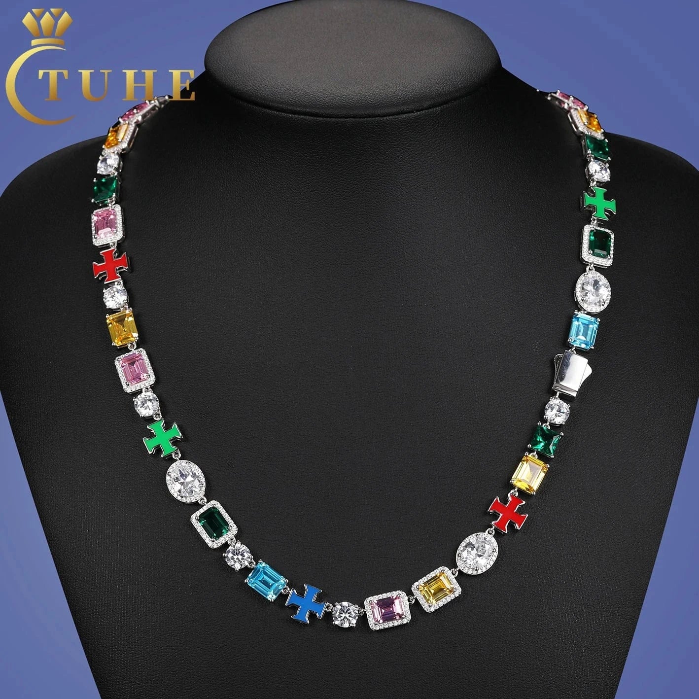 Luxurious Fine Party Jewelry 925 Sterling Silver AAAAA CZ Diamond Enamel Plated Cross Mixed Gemstone Link Chain Tennis Necklace