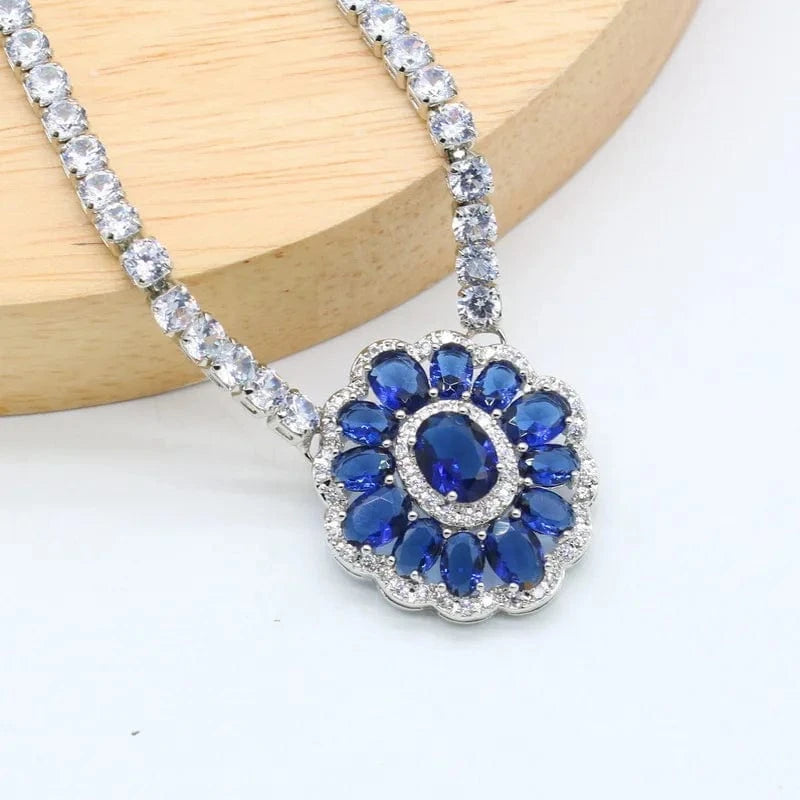 Luxurious Olive Green Blue White Zircon 40cm Necklace for Women Wedding Silver Jewelry
