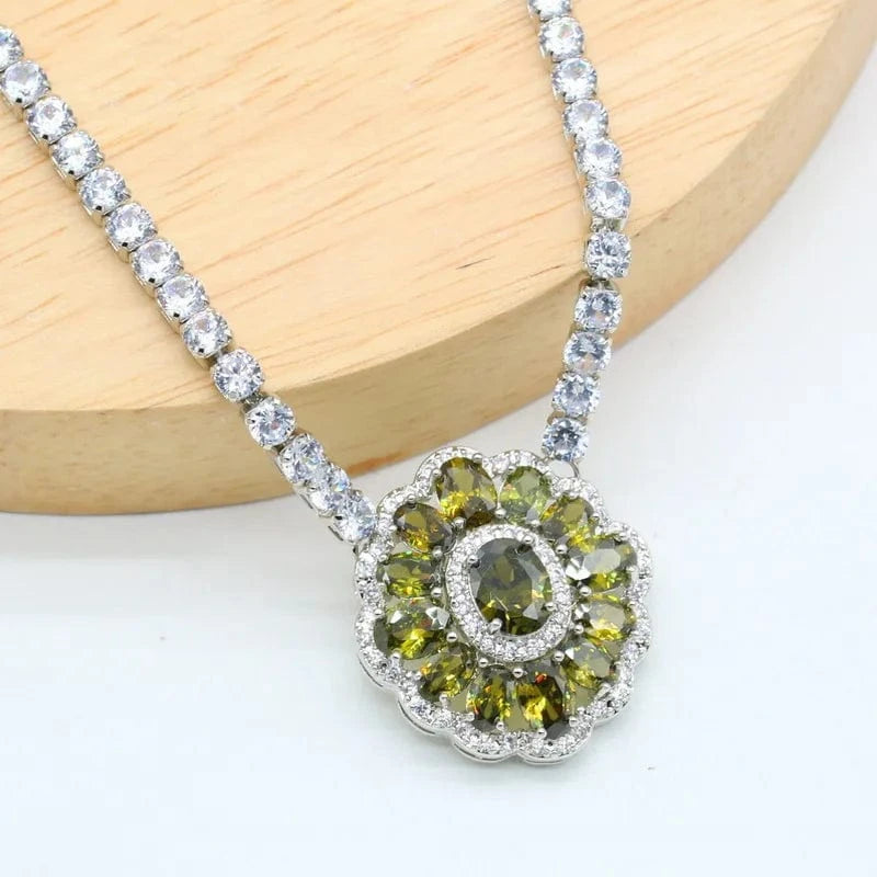 Luxurious Olive Green Blue White Zircon 40cm Necklace for Women Wedding Silver Jewelry