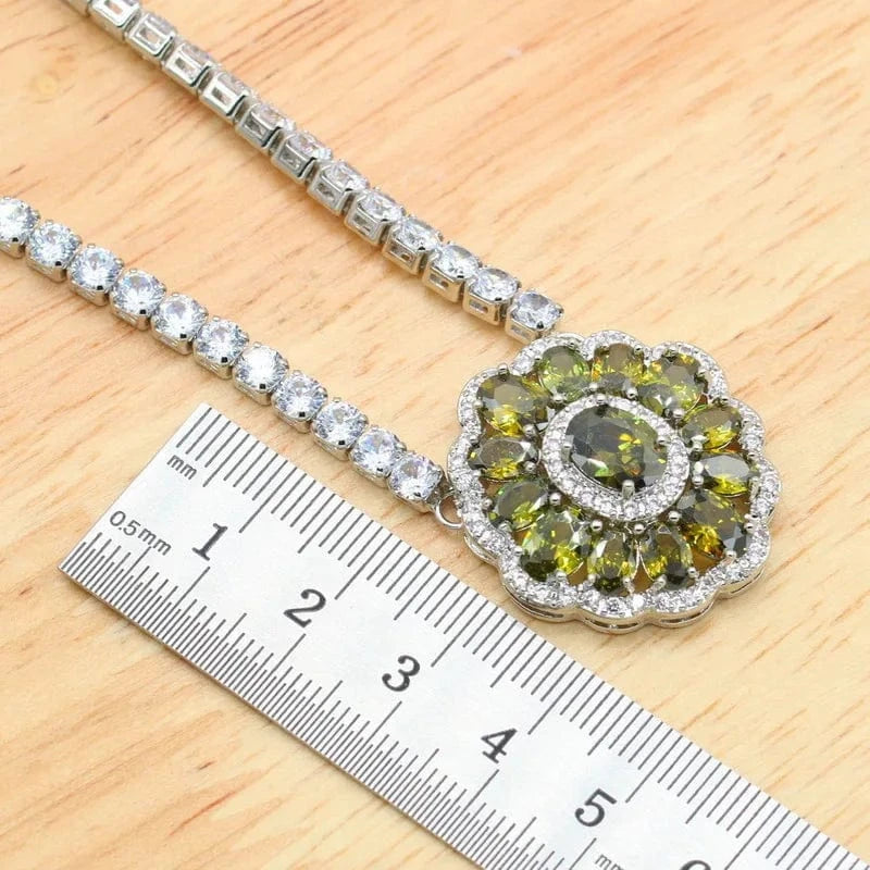 Luxurious Olive Green Blue White Zircon 40cm Necklace for Women Wedding Silver Jewelry