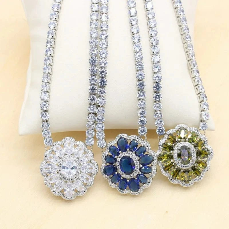 Luxurious Olive Green Blue White Zircon 40cm Necklace for Women Wedding Silver Jewelry