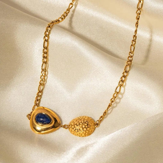 luxury / 45.5cm / N2123 N2123 18K Gold Plated Stainless Steel Design Oval Shape Lapis Stone Hammer Pendant Necklace for Women