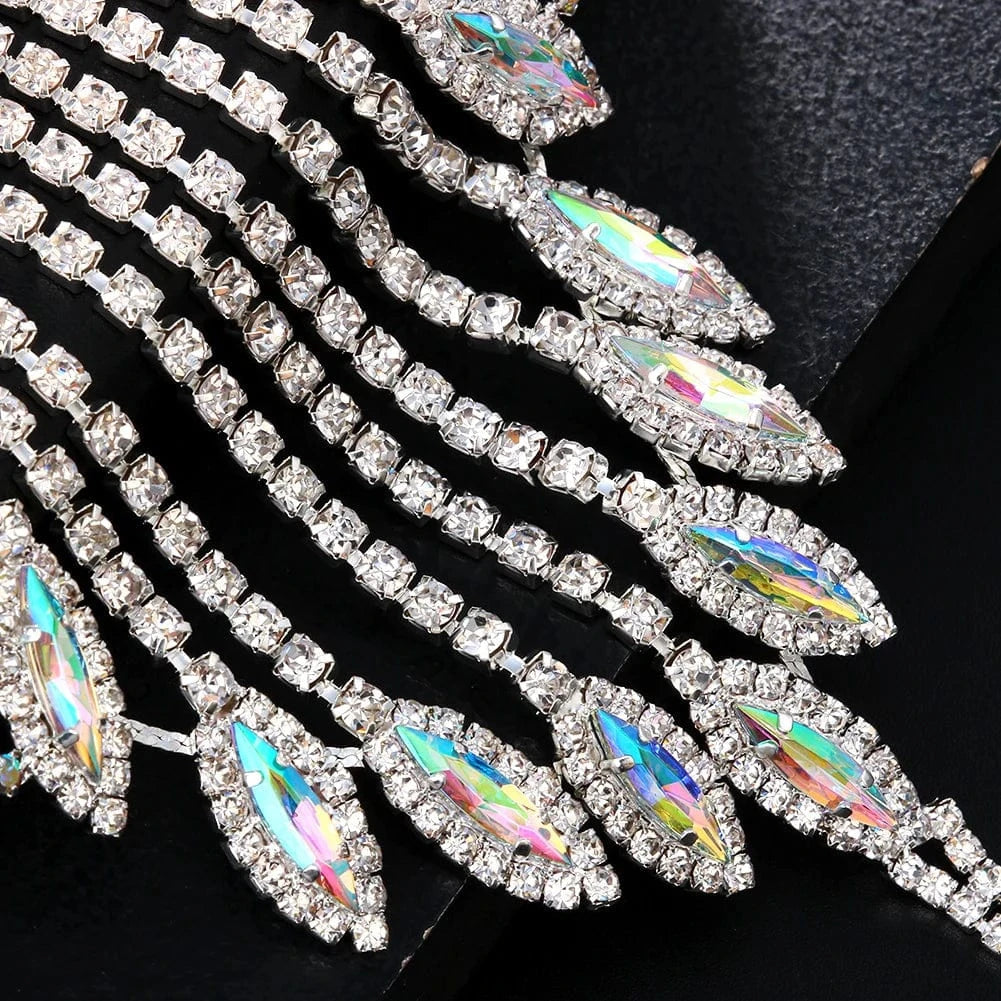 Luxury AB Color Rhinestone Bracelet Finger Chain for Women Trendy Hollow Crystal Bangle Hand Chain Wedding Jewelry