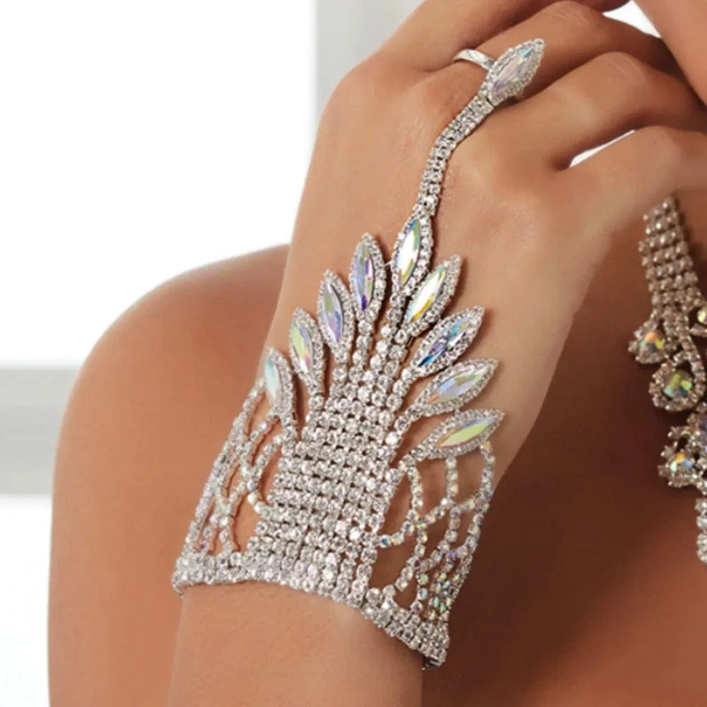 Luxury AB Color Rhinestone Bracelet Finger Chain for Women Trendy Hollow Crystal Bangle Hand Chain Wedding Jewelry