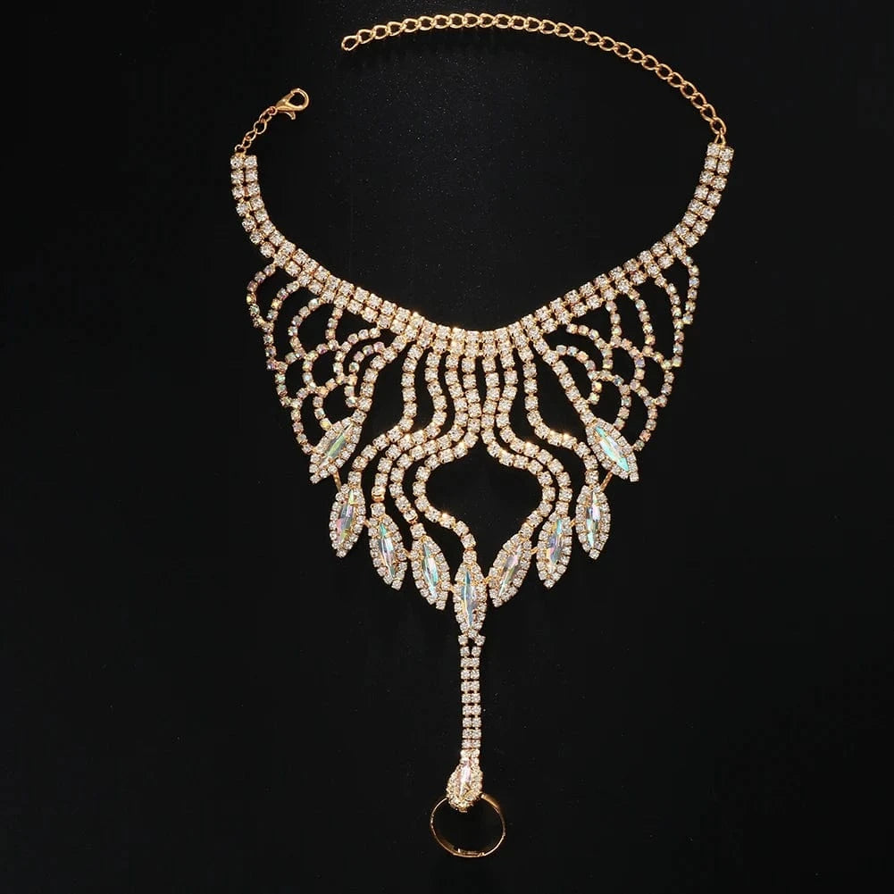 Luxury AB Color Rhinestone Bracelet Finger Chain for Women Trendy Hollow Crystal Bangle Hand Chain Wedding Jewelry