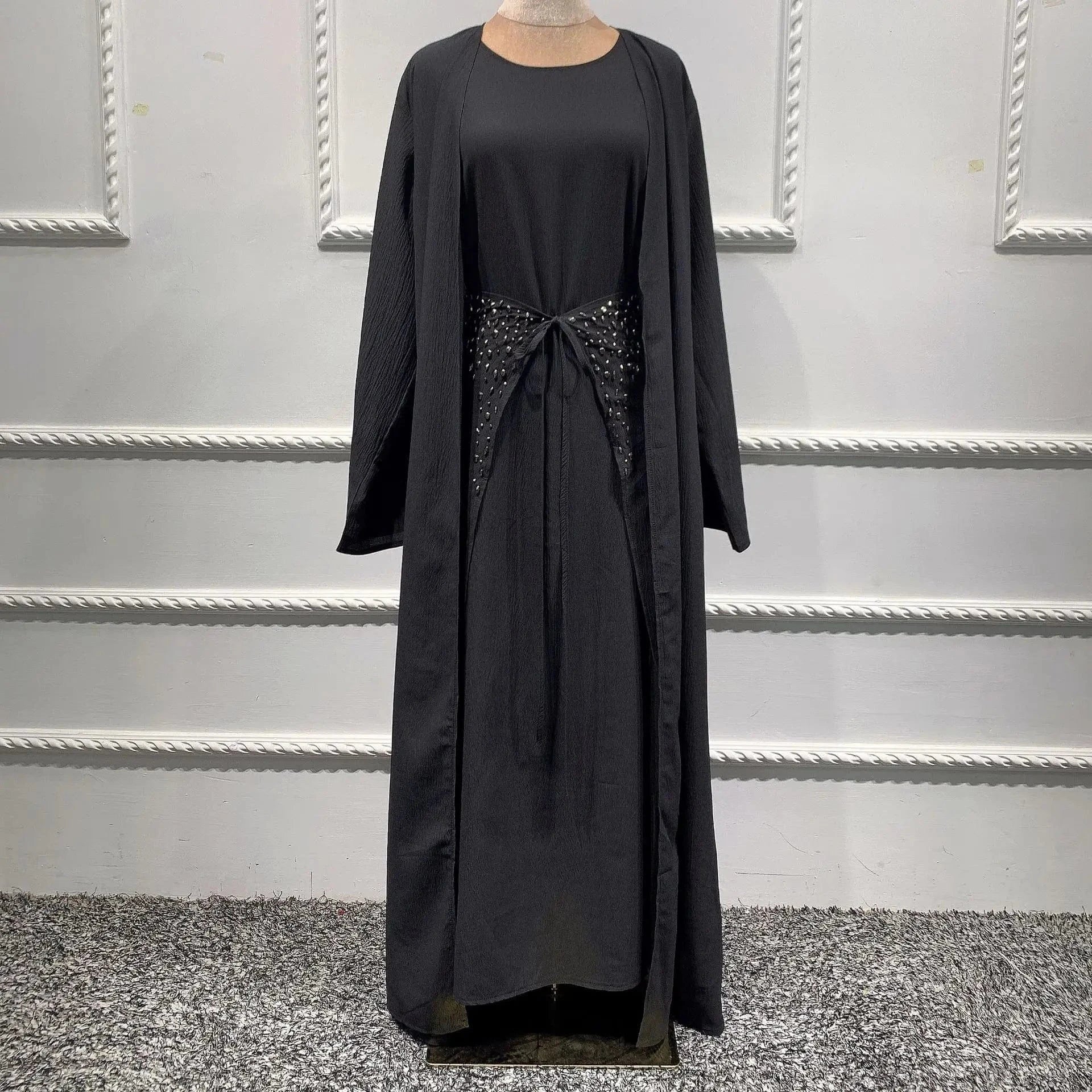 Luxury Bead Embroidery Mesh Abaya  Evening Dresses Dubai Islamic Clothing Muslim Dress