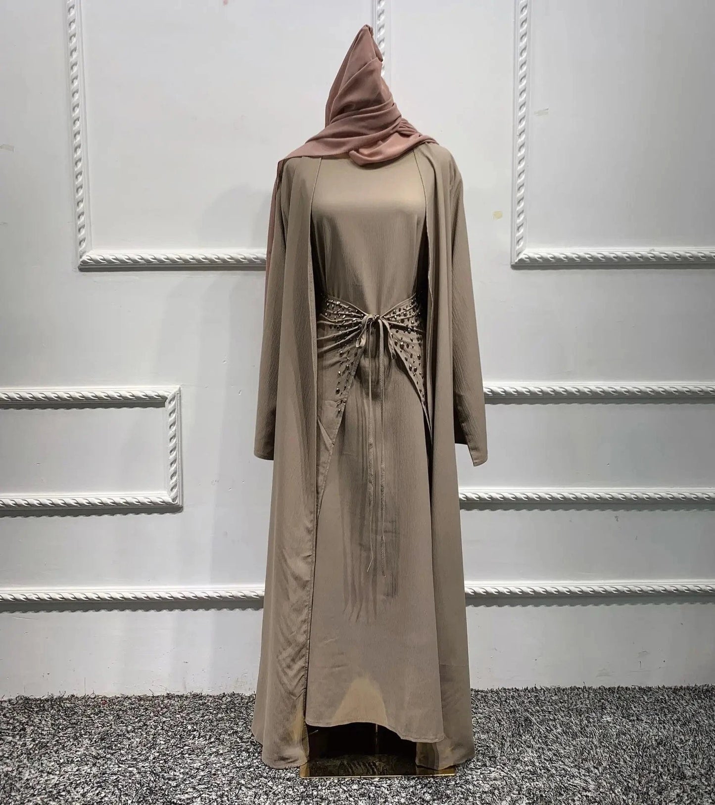 Luxury Bead Embroidery Mesh Abaya  Evening Dresses Dubai Islamic Clothing Muslim Dress