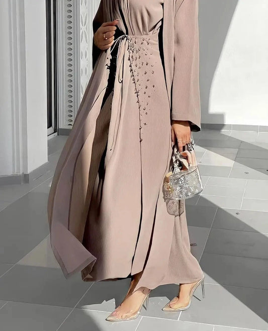 Luxury Bead Embroidery Mesh Abaya  Evening Dresses Dubai Islamic Clothing Muslim Dress