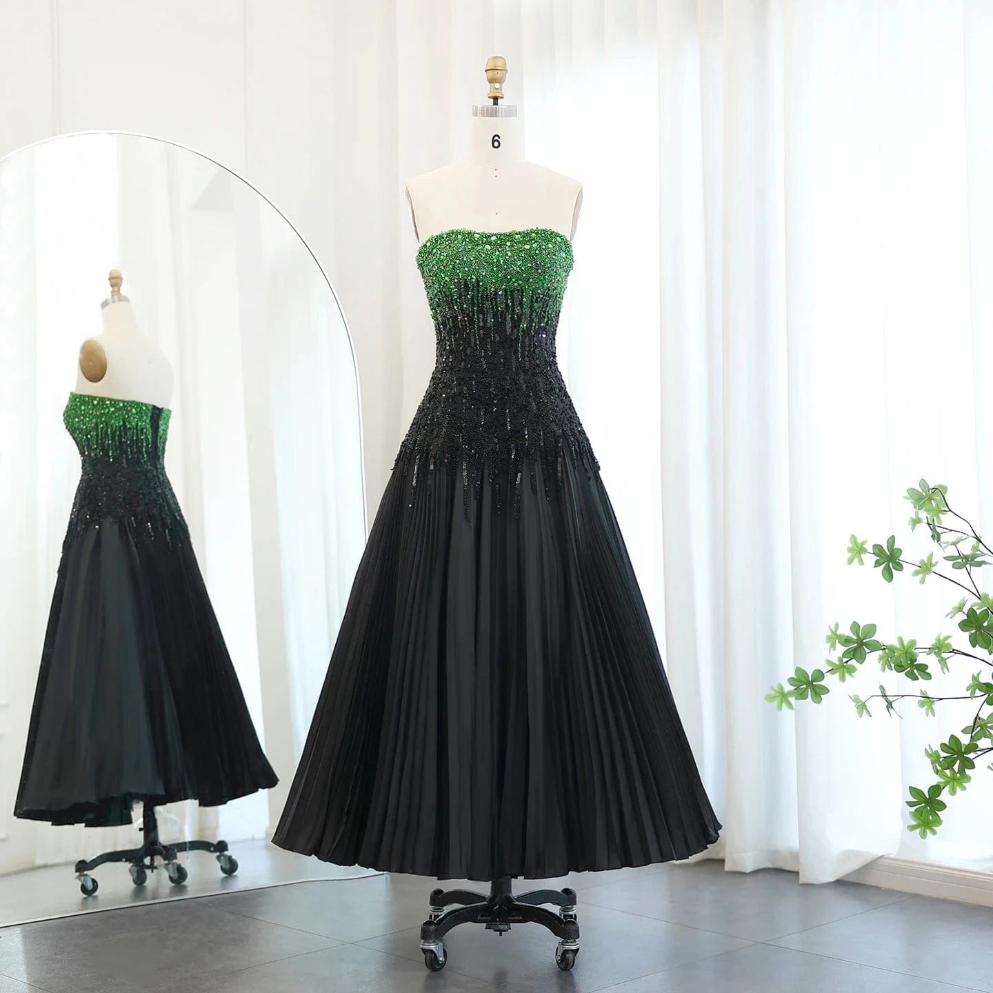 Luxury Beaded Black Green Strapless Dubai Evening Dress For Women Wedding 2024 Elegant Midi Formal Party Gowns Sz224