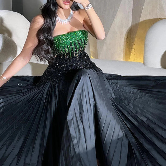 Luxury Beaded Black Green Strapless Dubai Evening Dress For Women Wedding 2024 Elegant Midi Formal Party Gowns Sz224
