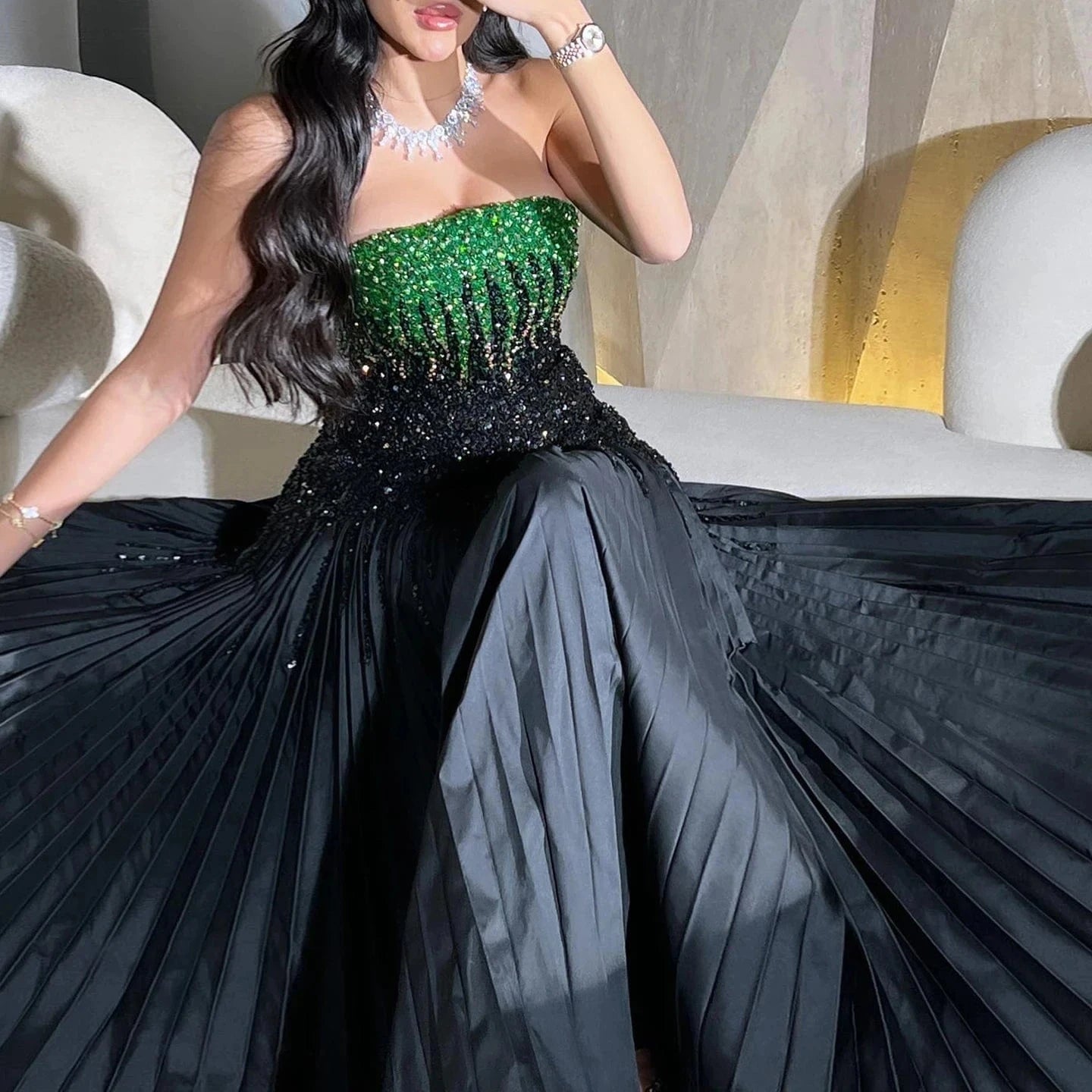 Luxury Beaded Black Green Strapless Dubai Evening Dress For Women Wedding 2024 Elegant Midi Formal Party Gowns Sz224
