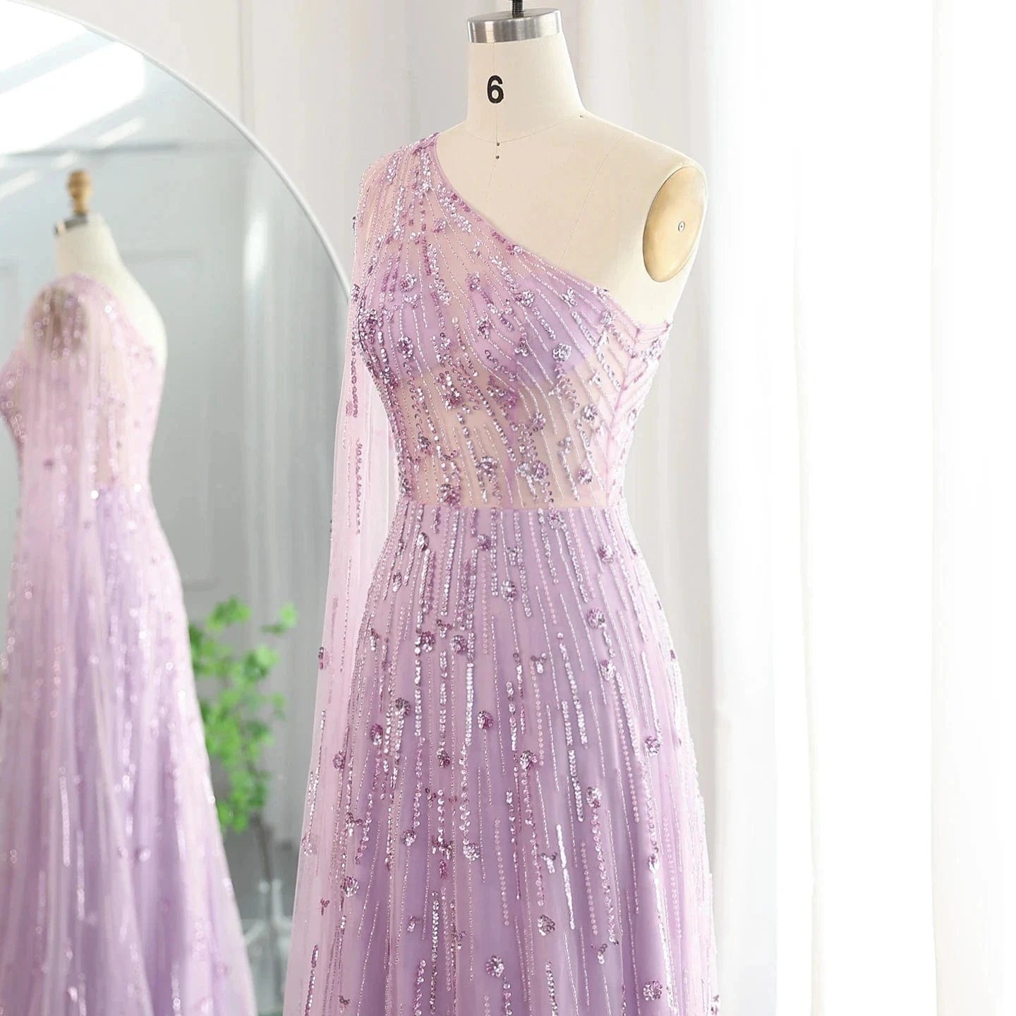 Luxury Beaded Black One Shoulder Evening Dresses with Cape Sleeve Sage Green Lilac Women Wedding Party Gowns SZ182