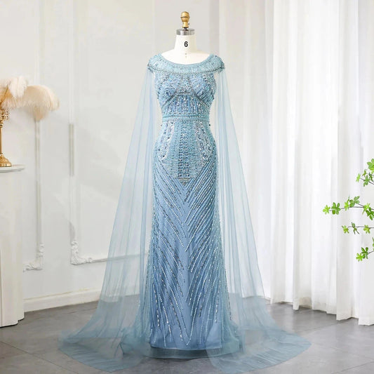 Luxury Beaded Blue Mermaid Dubai Evening Dresses with Cape Sleeves 2024 Plus Size Women Wedding Party Gown SZ195