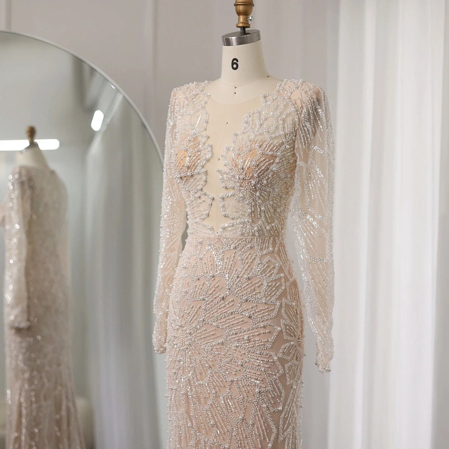 Luxury Beige Mermaid Dubai Evening Dress 2024 For Women Wedding Long Sleeves Arabic Bridal Prom Party Gowns Sz459