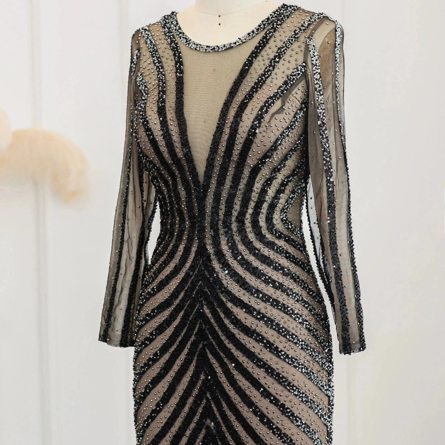 Luxury Black Mermaid Evening Dresses 2024 Long Sleeves Crystal Women Long Special Occasion Formal Party Gowns SZ174