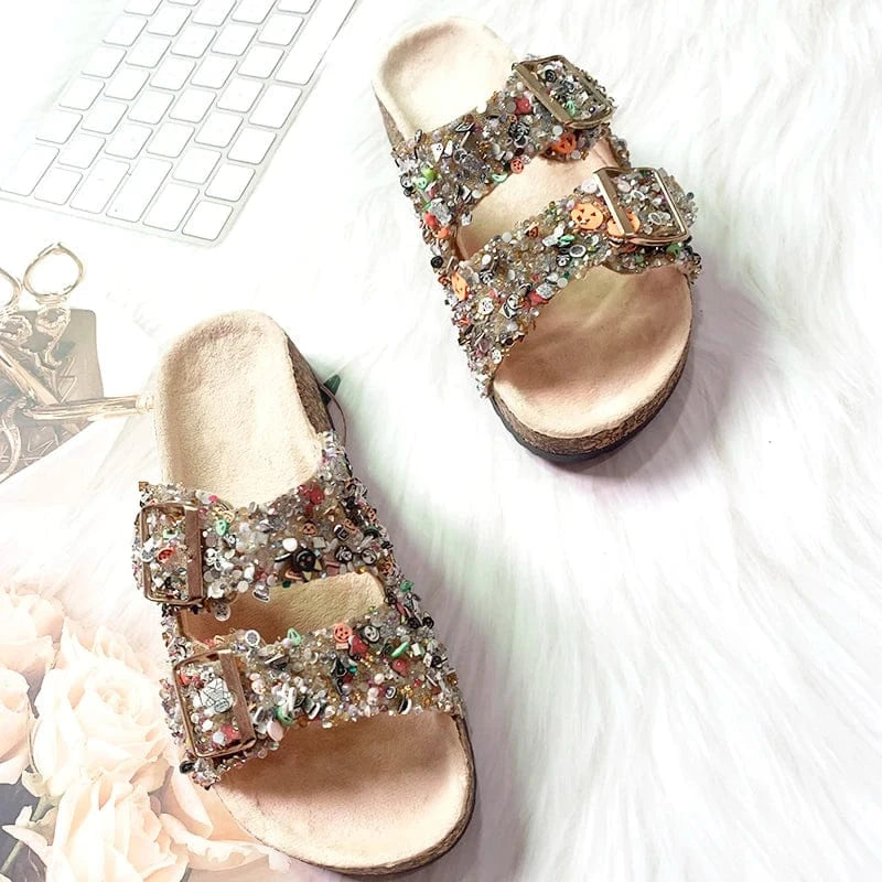 Luxury Bling Bling Rhinestone Flat Women Diamond Sequins Sandals