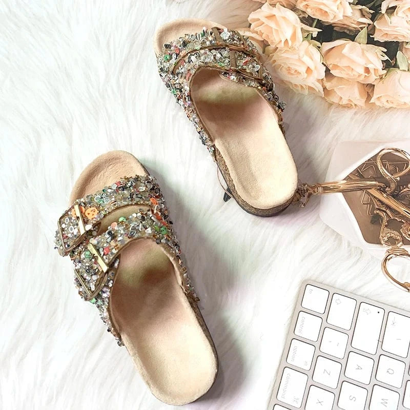 Luxury Bling Bling Rhinestone Flat Women Diamond Sequins Sandals