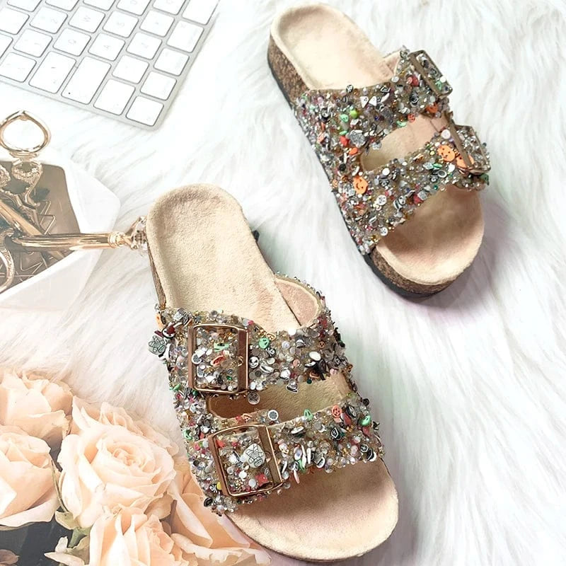 Luxury Bling Bling Rhinestone Flat Women Diamond Sequins Sandals